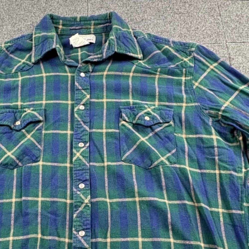 Wrangler Wrancher Plaid Western Flannel Shirt Mens XLT Green Blue Pearl Snap
